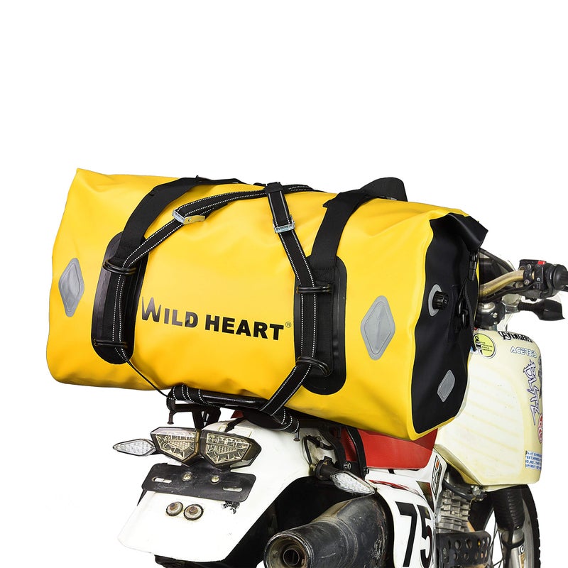 WILD HEART حقيبة وايلد هارت المقاومة للماء 55 لتر 66 لتر 77 لتر حقيبة درايفل للدراجات النارية للسفر، ركوب الدراجات، المشي، التخييم (66 لتر، أصفر) - Image 1